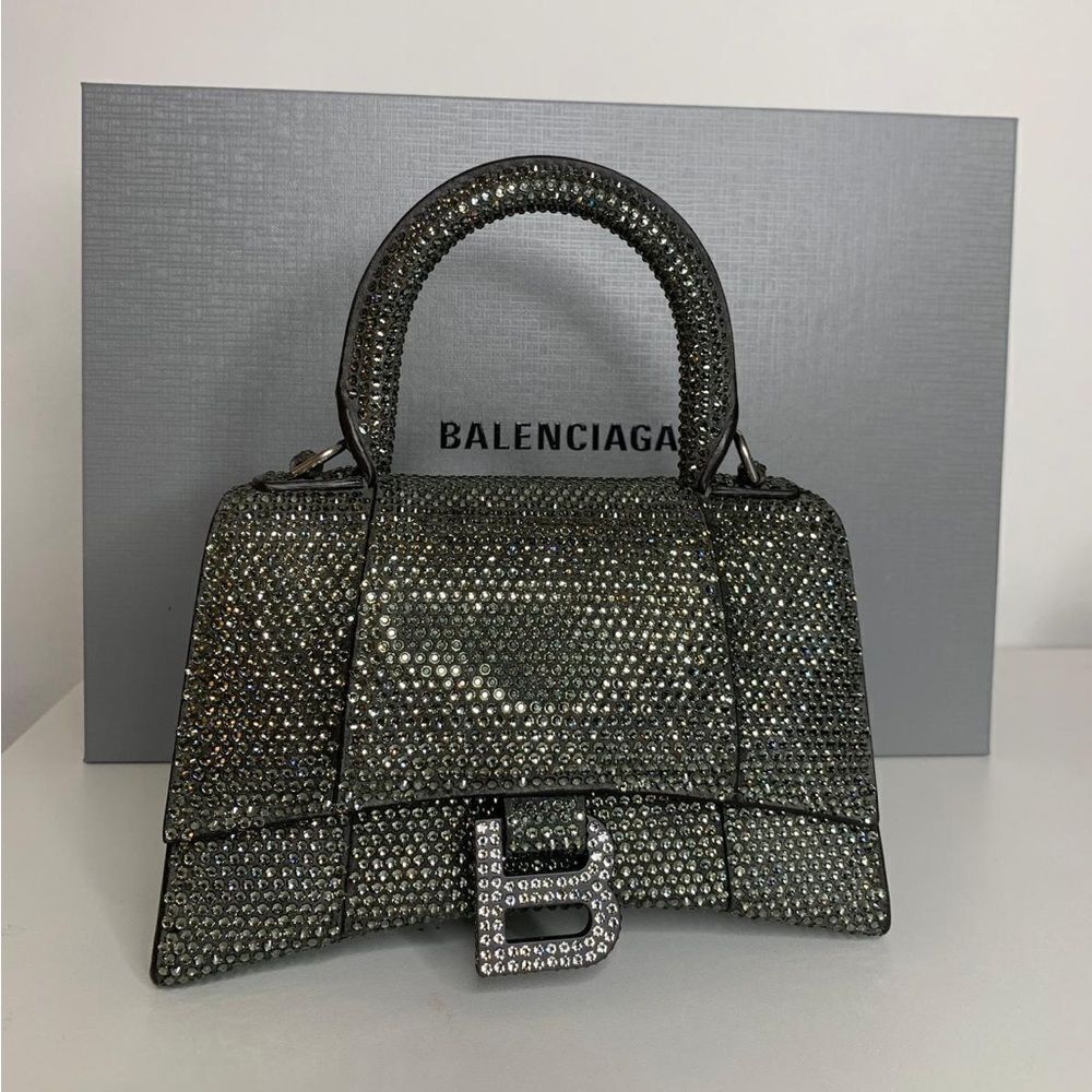BALENCIAGA GREY HANDBAG WOMEN'S HOURGLASS XS SHOULDER STRAP WITH RHINESTONES